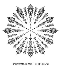 Black and white mandala, arabesque, rossete, emblem. Indian symbol, sign. Isolated drwing. Lacy wallpaper, background. Luxury print on pillow, bandana, case, card, coloring book. Vector abstract art.