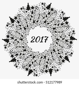 Black and white mandala Christmas and New Year 2017. The festive mood. The mandala shows the gifts, Christmas trees, snowflakes, ribbons, confetti. Holiday card or just decorate for the holidays!