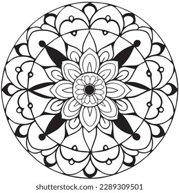 Black and White mandala for coloring book. Whimsical ornament for Adults and kids coloring book. Black ink decorative element. Hand-drawn mandala isolated for oriental tattoo or yoga print