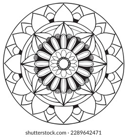 Black and White mandala for coloring book. Elegant line art mandala for zen meditation. Adults and kids coloring book decor element. Hand-drawn mandala isolated for tattoo or yoga print