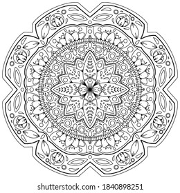 Black and white mandala coloring page. Relaxation and meditation concept