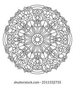 Dibujo para colorear de mandala en blanco y negro para adulto, patrón circular de mandalas con detalles intrincados Vector de contorno KDP