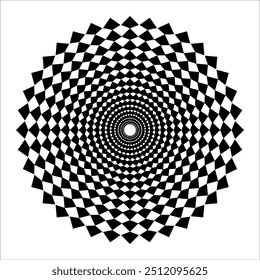 black and white mandala composed of interlocking checkerboard squares. The intricate pattern creates a mesmerizing optical illusion.