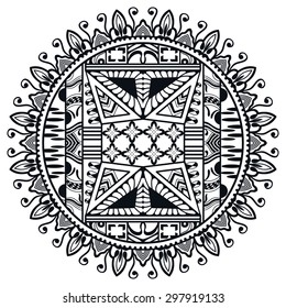Black and white Mandala, decorative round tribal ethnic ornament, vector islamic arabic indian pattern.
