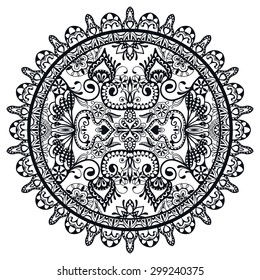 Black and white Mandala, decorative round tribal ethnic ornament, vector islamic arabic indian pattern.