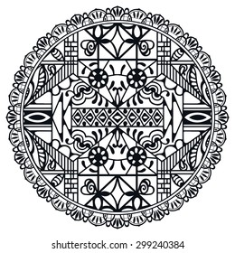 Black and white Mandala, decorative round tribal ethnic ornament, vector islamic arabic indian pattern.