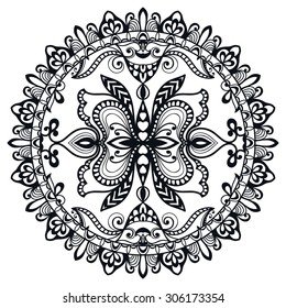 Black and white Mandala, decorative round tribal ethnic ornament, vector islamic arabic indian pattern.