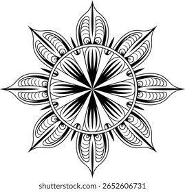 Um desenho de mandala preto e branco é centrado em um fundo branco. A mandala apresenta uma forma circular com intrincados padrões florais e elementos geométricos. O desenho é simétrico e detalhado
