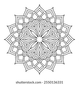 A black and white mandala design coloring book page with line art