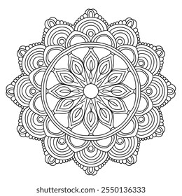 A black and white mandala design coloring book page with line art