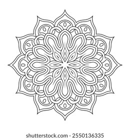 A black and white mandala design coloring book page with line art