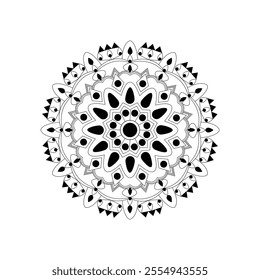 
Black and white mandala design featuring intricate patterns and symmetrical shapes, ideal for coloring or decoration. This artwork embodies harmony, balance, and creativity.