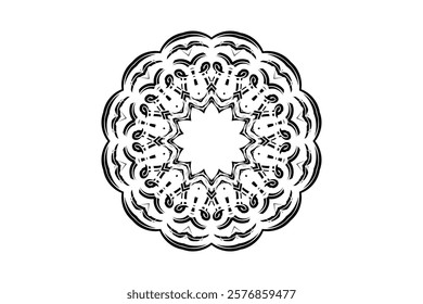 Black and white mandala design featuring a central circle and intricate pattern array	
