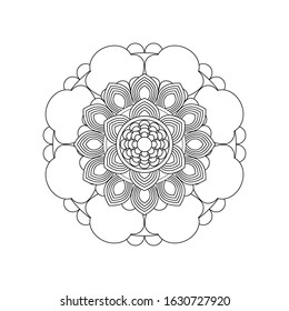 black and white mandala design with geometric lines and ornament curves. 