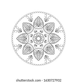 black and white mandala design with geometric lines and ornament curves. 