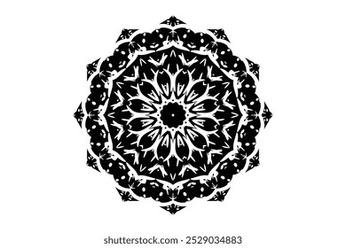 Mandala preto e branco design com detalhes intrincados contra um fundo branco limpo, mostrando simetria e arte