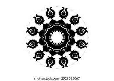 Design mandala preto e branco com padrões intrincados em um fundo branco limpo, apresentando simetria perfeita