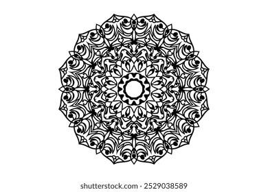 Um design de mandala preto e branco intricadamente detalhado contra um fundo branco limpo, mostrando simetria e arte