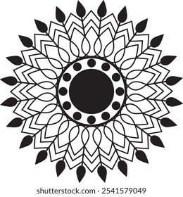 A black and white mandala design, rich with ornamental details.