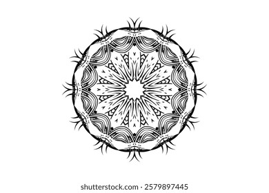 Black and White Mandala Design with Symmetrical Radiating Arms and Creature Heads	
