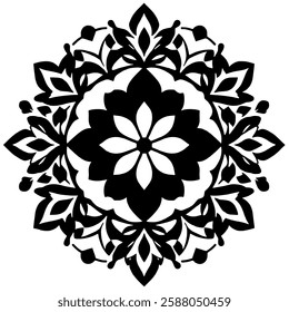 Black and White Mandala: Elegant Floral Pattern Design. Perfect for home decor, wall art, textile prints, and more.