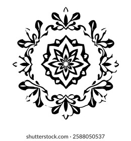 Black and White Mandala: Elegant Floral Pattern Design. Perfect for home decor, wall art, and textile prints. Circular, symmetrical, and highly detailed.