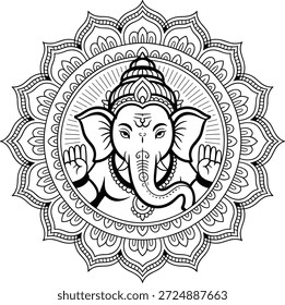 Mandala blanco y negro con deidad con cabeza de elefante en el centro