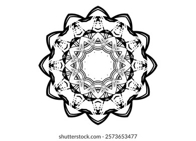 Black and white mandala featuring central sun or moon motif, layered with intricate concentric patterns	
