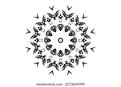 Black and white mandala featuring central circle with radiating geometric patterns for spiritual symbolism	