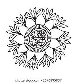 Black and white mandala with floral elements outline