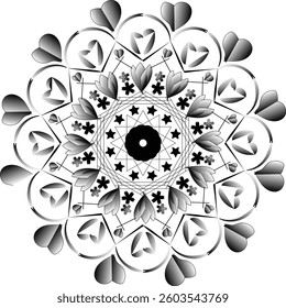 A Black and White Mandala with Floral and Heart Accents