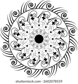 A Black and White Mandala with Floral and Star Patterns