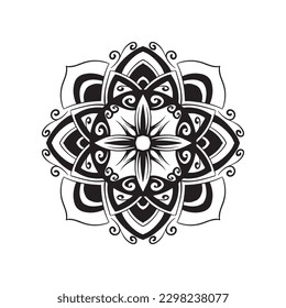 A black and white mandala with a flower design on it.
