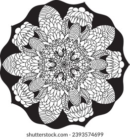 Black and white mandala flower drawing with geometric and abstract elements. Abstract motive.