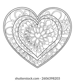 A black and white mandala heart illustration line art of a coloring page