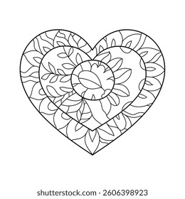 A black and white mandala heart illustration line art of a coloring page
