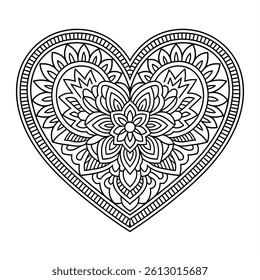 A black and white mandala heart illustration line art of a coloring page 