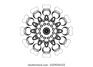 Ilustração de mandala preto e branco com design detalhado em um fundo branco limpo, mostrando simetria artística