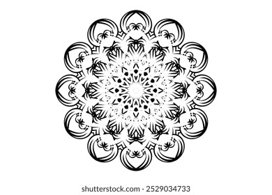 Ilustração de mandala em preto e branco com um padrão circular detalhado e simetria equilibrada