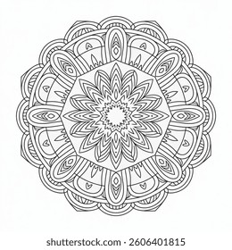 A black and white mandala illustration line art of a coloring page