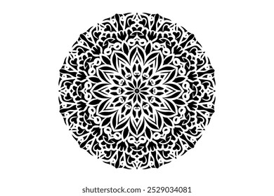 Imagem mandala em preto e branco com um intrincado padrão circular com simetria e design artístico