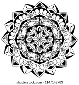 Black and white mandala isolated on white background. Vector hand drawn circular decorative element. Mandala for coloring book for adults. Anti-stress.