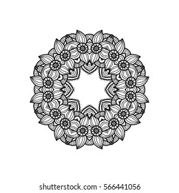 Black and white mandala isolated on white background. Coloring book page. Anti-stress therapy pattern. Vintage decorative elements.