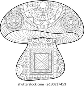 Design de cogumelo Mandala preto e branco. Intricate Fungi Line Art para livros de colorir adultos. Ilustração de relaxamento e alívio de estresse.