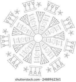 Black and white mandala on a transparent background in Egyptian style. Egyptian style round design pattern with flowers and zigzags. Vector image on a transparent background