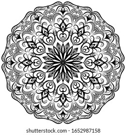 Black and white mandala. Openwork vector pattern. Template for tattoo, henna drawing. Illustration for dyeing, placement on fabric, glass, wood. Vector. Vector antistress.