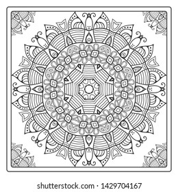 Black and white Mandala ornament, geometric floral line pattern. Zen doodle art, monochrome sketch for coloring book page, textile fabric print.