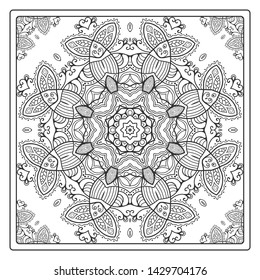 Black and white Mandala ornament, geometric floral line pattern. Zen doodle art, monochrome sketch for coloring book page, textile fabric print.