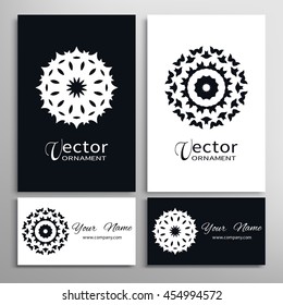 Black and white mandala ornaments, business cards set. Decorative design elements for logo, icon, label, invitation cards. Isolated floral patterns, stylized flowers. Tribal ethnic mandala decor