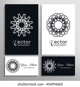 Black and white mandala ornaments, business cards set. Decorative design elements for logo, icon, label, invitation cards. Isolated floral patterns, stylized flowers. Tribal ethnic mandala decor